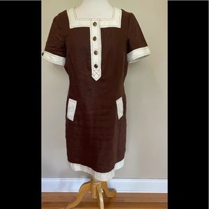 Brown linen dress with white trim
